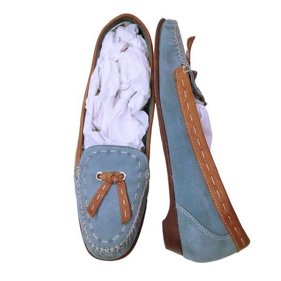 Cole Haan Blue Suede Shoe Flats -9.5B Bow Tassel Leather Stitch Moc-Toe Slip-On - Picture 1 of 12